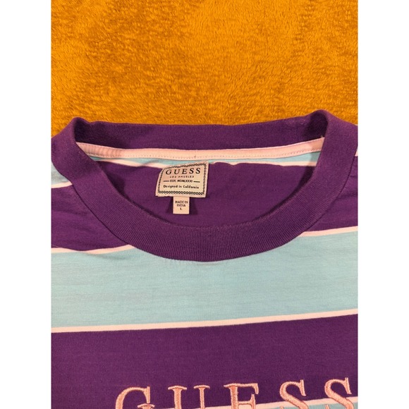 GUESS‎ Los Angeles Mens Striped T Shirt Purple Aqua White Size L - Picture 10 of 12